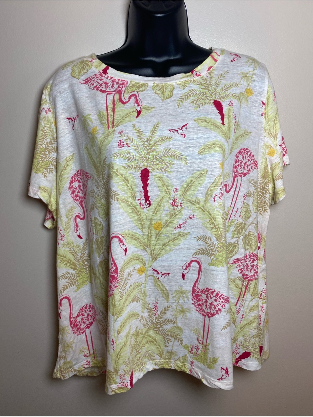 Charter Club Flamingo Print Short Sleeve Linen Tee - Pink & Green XL